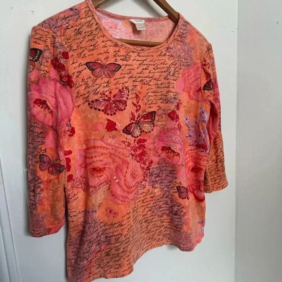 Women's Orange Butterfly Print Top Y2K Sequins beaded Fairycore L - Picture 3 of 6